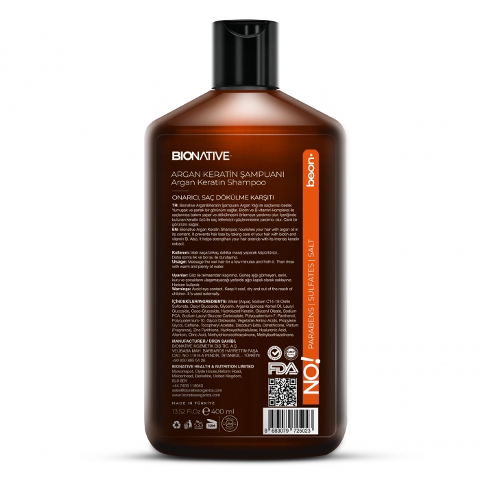 Argan&Keratin Şampuanı 400 ml Orijinal Argan Oil, Ceratin, Onarım ve Dökülme Karşıtı, Kuru ve Cansız Saçlar için