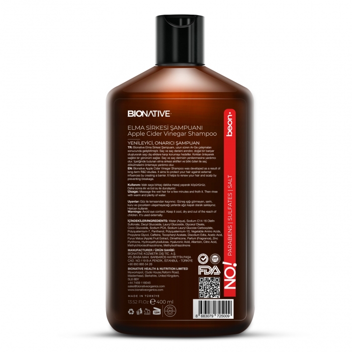 Elma Sirkesi Şampuanı 400 ml Saç ve Saç Derisi Yenileyici, Arındırıcı, Dökülme Karşıtı