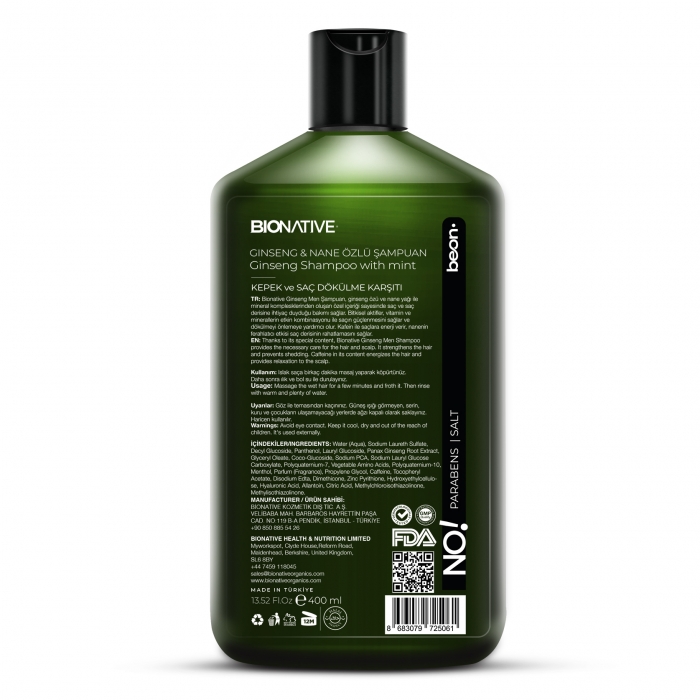 Ginseng&Nane Yağı Özlü Man Şampuan 400 ml Dökülme ve Kepek Karşıtı